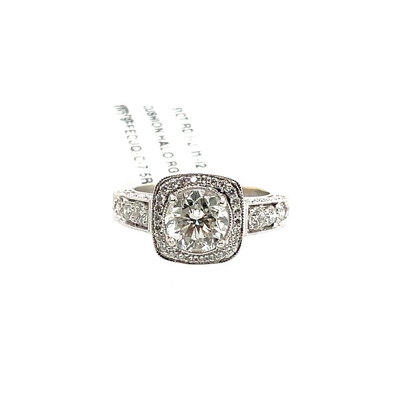 1.51CT RD I-J; I1-I2 + MARTIN FLYER FLYERFIT PERFECTED MICROPAVE CUSHION HALO ENGAGEMENT RING CONTAINING: 52 ROUND HEARTS & ARROWS DIAMONDS ON THREE SIDES; .85CTW; G-H; SI1-SI2; 14KW 2.36CTW RING