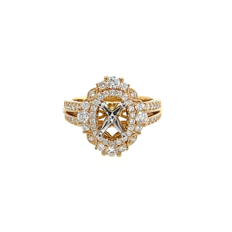.85CTW DIAMOND DOUBLE HALO; SPLIT-SHANK ENGAGEMENT RING SEMI MOUNTING CONTAINING: 62 ROUND PRONG-SET DIAMONDS; F-G; SI1; 14KYW