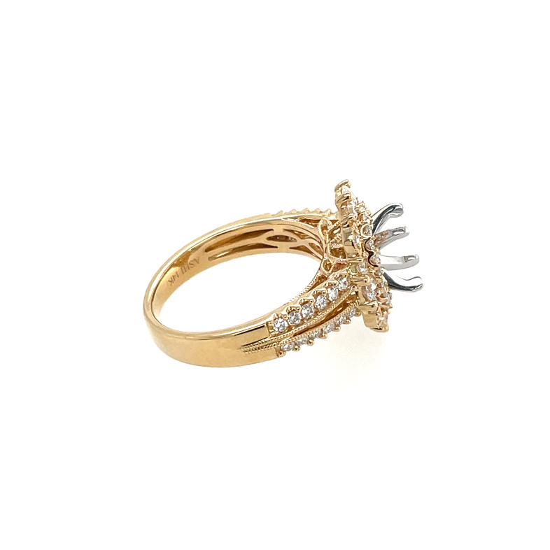 .85CTW DIAMOND DOUBLE HALO; SPLIT-SHANK ENGAGEMENT RING SEMI MOUNTING CONTAINING: 62 ROUND PRONG-SET DIAMONDS; F-G; SI1; 14KYW