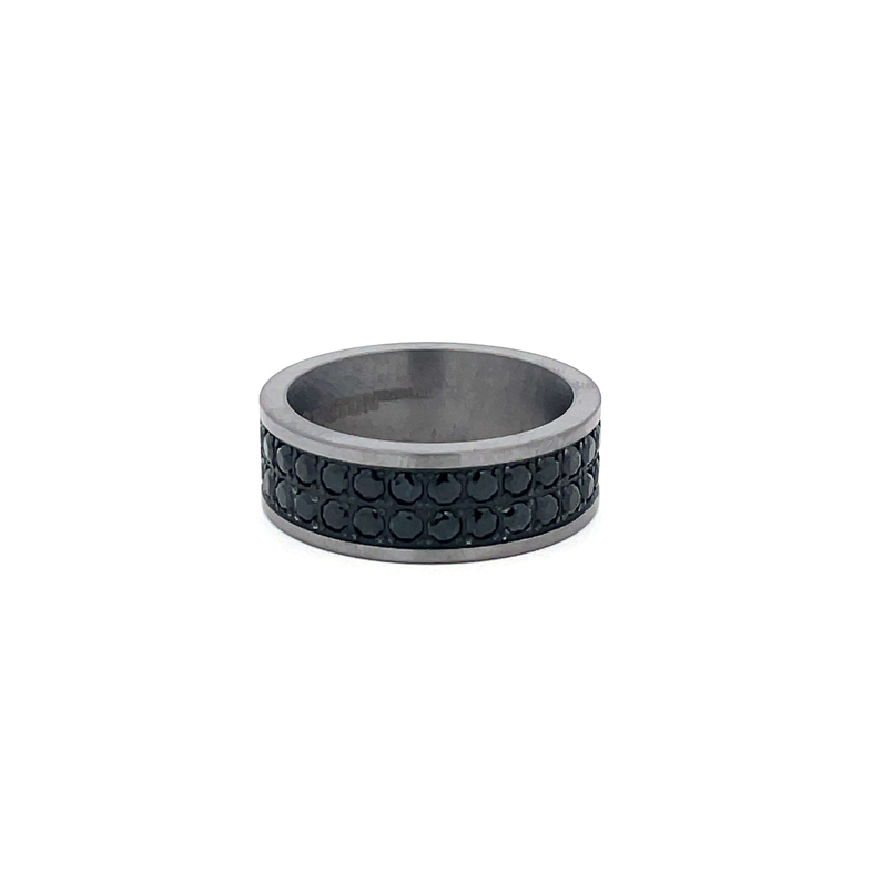 8MM TANTALUM 2-ROW BLACK SAPPHIRE BAND CONTAINING: 30 ROUND PRONG SET BLACK SAPPHIRES; SIZE 10