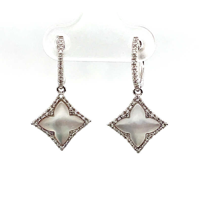 3.14TGW WHITE MOTHER OF PEARL & DIAMOND HALO QUATREFOIL DANGLE EARRINGS CONTAINING: 2 WHITE MOTHER OF PEARL; 2.83CTW; + 88 ROUND DIAMONDS; .31TDW; 14KW