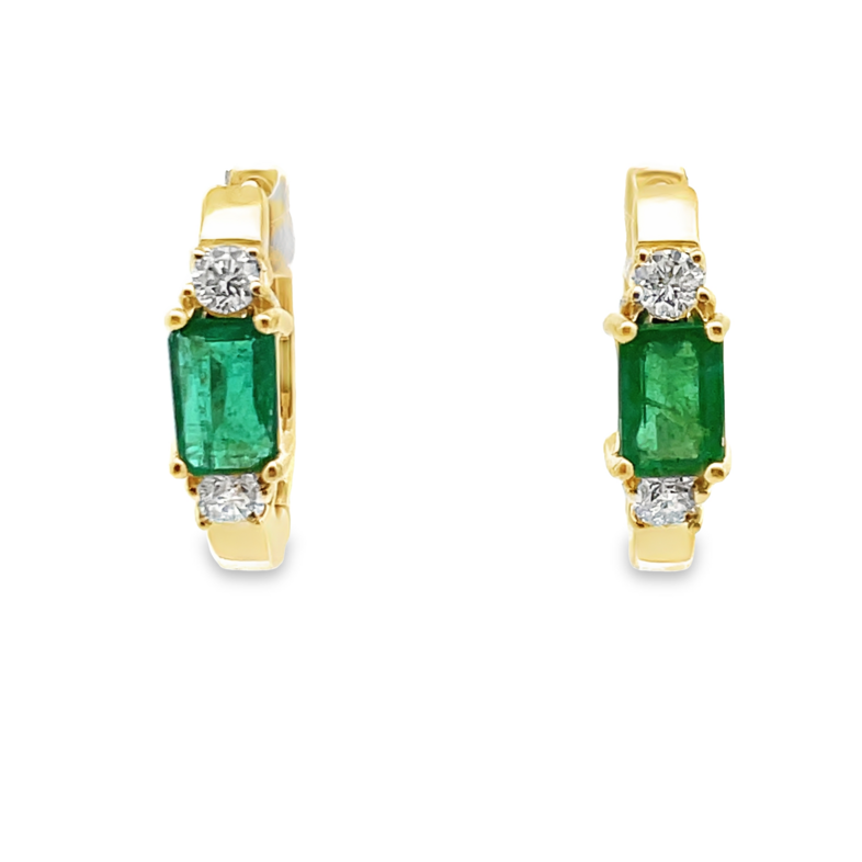 1.35TGW EMERALD AND DIAMOND HUGGIE HOOP EARRINGS CONTAINING: 2 EMERALD CUT EMERALDS; 1.04CTW; + 4 ROUND DIAMONDS; .31TDW; 14KY