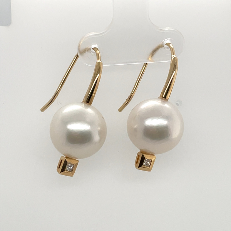 HONORA PEARL & DIAMOND EURO-WIRE EARRINGS CONTAINING: 2 12-13MM ROUND WHITE FRESHWATER CULTURED PEARLS; + 2 PRINCESS DIAMONDS; .09CTW; 14KY