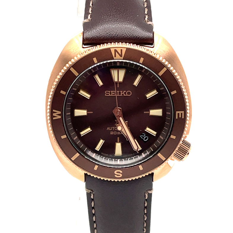 SEIKO PROSPEX 42.4MM STAINLESS STEEL CASE WITH ROSE GOLD FINISH BROWN LEATHER STRAP SRPG18