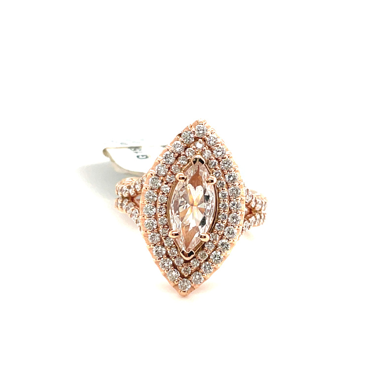 2.48CTW MARQUISE DOUBLE HALO ENGAGEMENT RING CONTAINING: 1.01CT MARQUISE DIAMOND CENTER; K; I1; + 102 ROUND DIAMOND RING SEMI; 1.47CTW; 14K ROSE GOLD