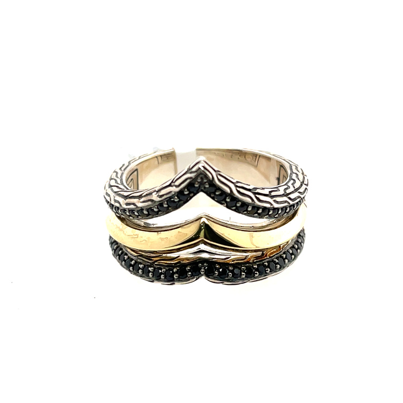 JOHN HARDY TWO TONE CLASSIC CHAIN TIGA RING WITH TREATED BLACK SAPPHIRE & BLACK SPINEL; 18KY & SILVER