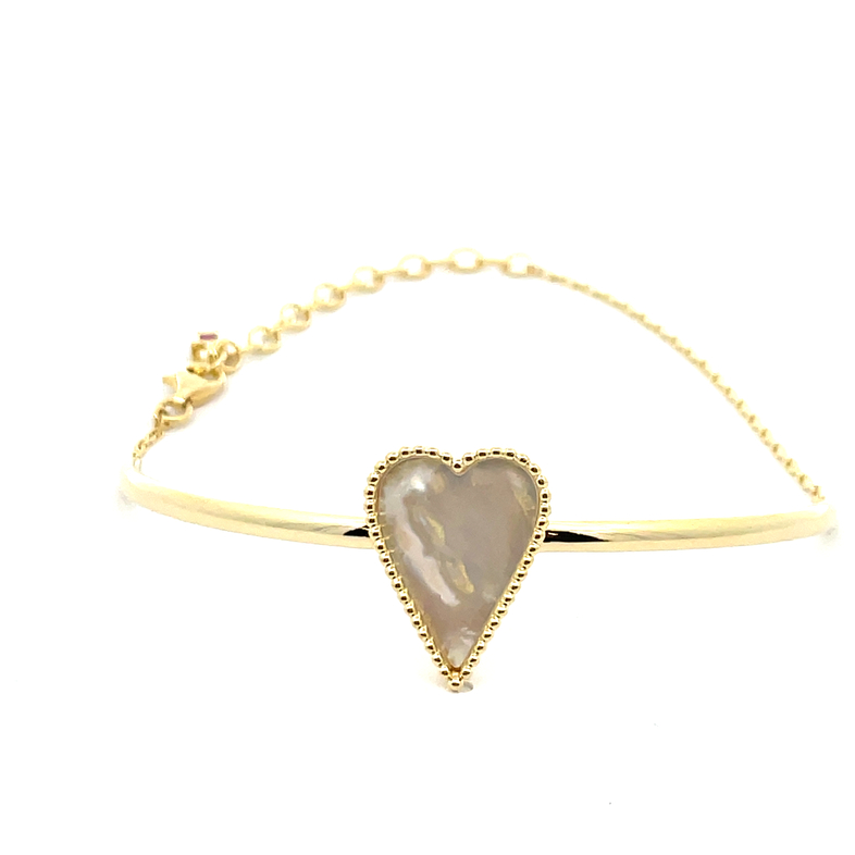 ELLE MOTHER OF PEARL BEZEL-SET HEART CENTER HALF-BANGLE/CHAIN BRACELET; GOLD PLATE