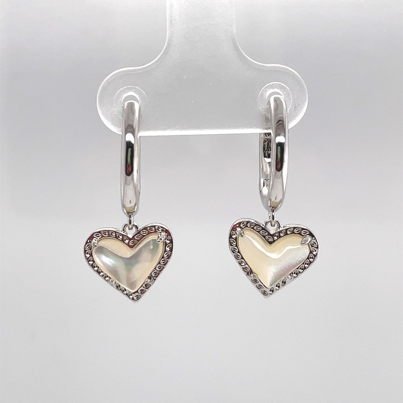 KENDRA SCOTT ARI HEART IVORY MOTHER OF PEARL RHODIUM HUGGIE EARRINGS