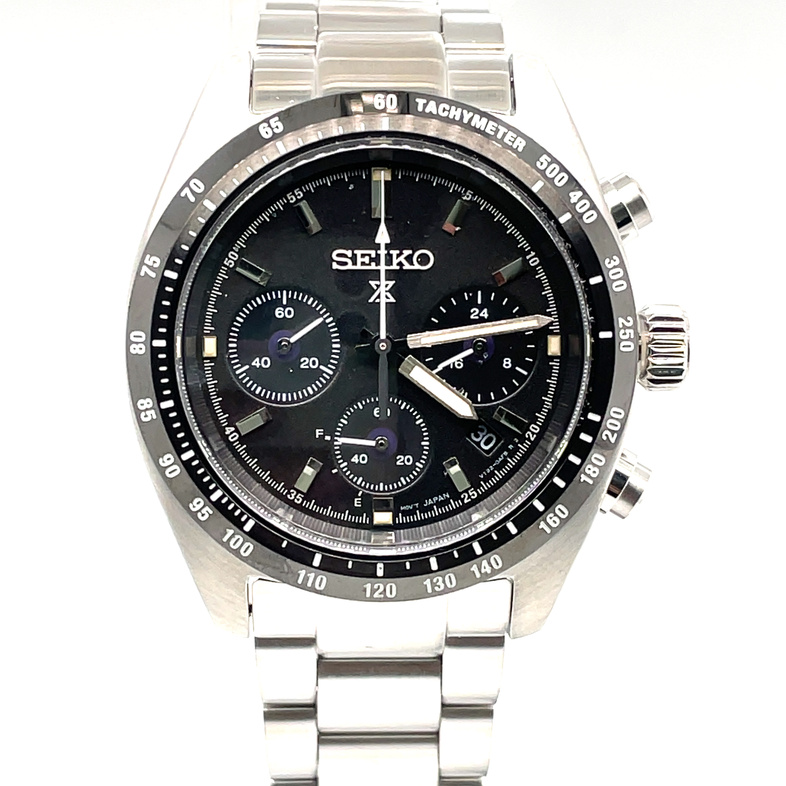 SEIKO PROSPEX SPEEDTIMER SOLAR CHRONOGRAPH; 39MM BLACK DIAL WITH SAND-BLASTED TEXTURE AND BLACK SUBDIAL; STAINLESS BRACELET