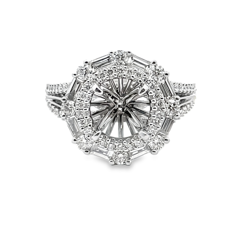 1.10CTW DIAMOND DOUBLE ROUND HALO; SPLIT-SHANK ENGAGEMENT RING SEMI MOUNTING CONTAINING: 8 BAGUETTE DIAMONDS + 70 ROUND DIAMONDS; 14KW