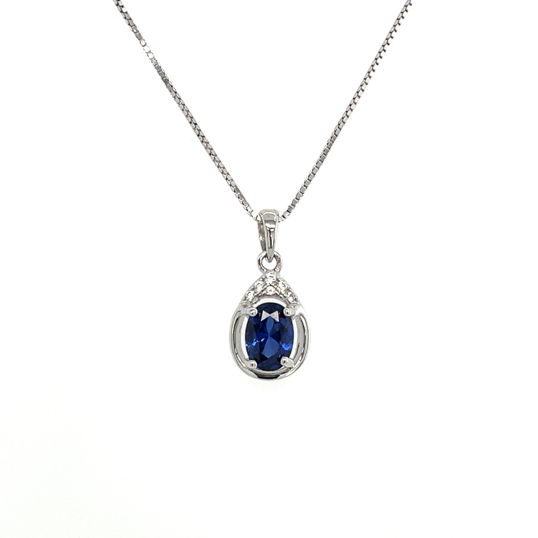 SEPTEMBER OVAL SYNTHETIC SAPPHIRE/CZ PENDANT/CHAIN; SILVER CHAIN INCLUDED