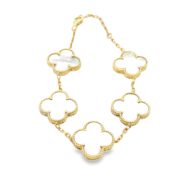 15MM CLOVER MOTHER OF PEARL 5-STATION BRACELET; 14KY