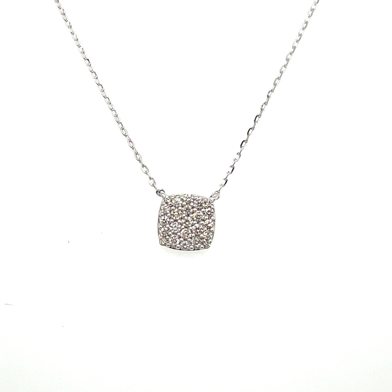 .20CTW PAVE DIAMOND CUSHION CLUSTER CENTER NECKLACE CONTAINING: 23 ROUND PRONG-SET DIAMONDS; 10KW