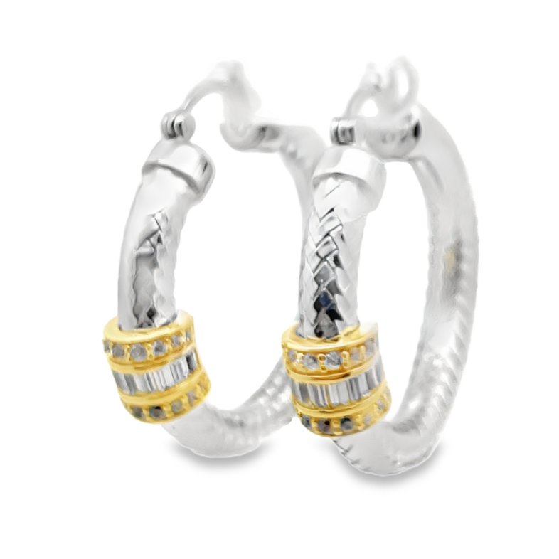 CHARLES GARNIER TT ROUND HOOP EARRINGS WITH ROUND/BAGUETTE CZ BAND ACCENTS; SILVER/GOLD TONE
