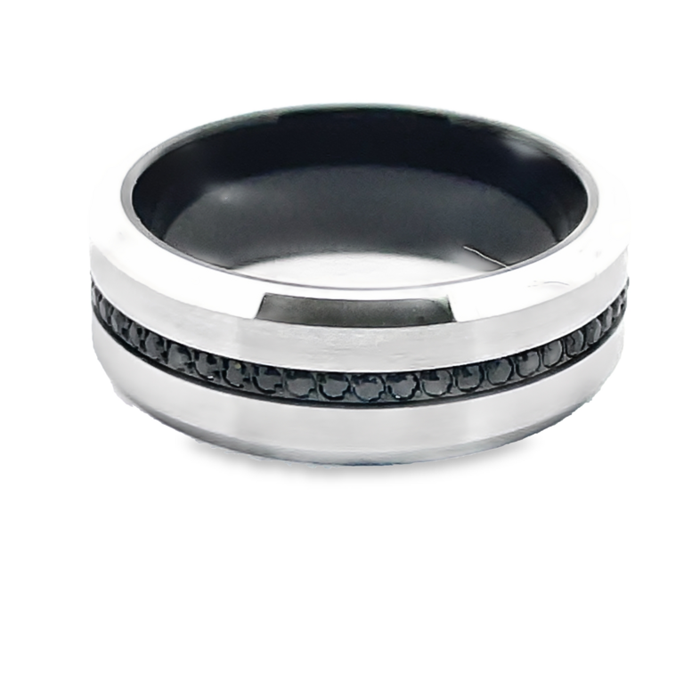 ARTCARVED .93CTW GTS 8MM WHITE TUNGSTEN + STAINLESS BLACK SAPPHIRE ETERNITY BAND CONTAINING: 52 ROUND BLACK SAPPHIRES