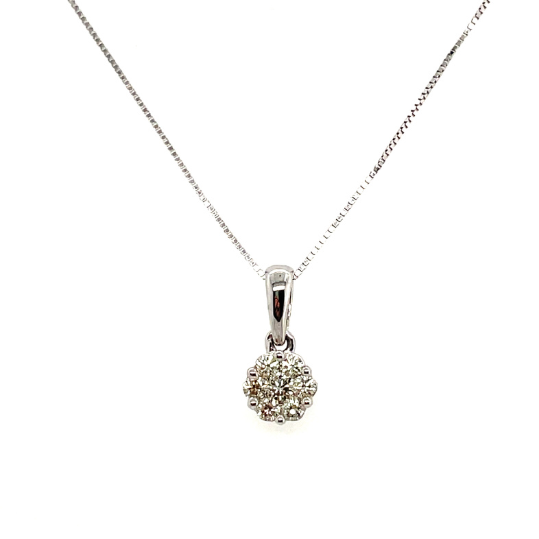 .25CTW DIAMOND ROUND CLUSTER PENDANT/CHAIN CONTAINING: 7 ROUND DIAMONDS; 10KW CHAIN INCLUDED