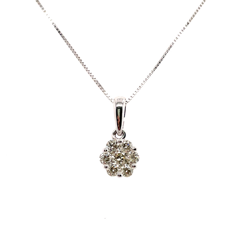 .33CTW DIAMOND ROUND CLUSTER PENDANT/CHAIN CONTAINING: 7 ROUND DIAMONDS; 10KW CHAIN INCLUDED