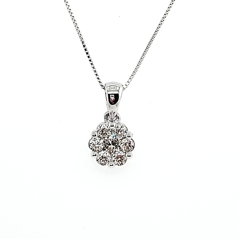 .50CTW DIAMOND ROUND CLUSTER PENDANT/CHAIN CONTAINING: 7 ROUND DIAMONDS; 10KW CHAIN INCLUDED