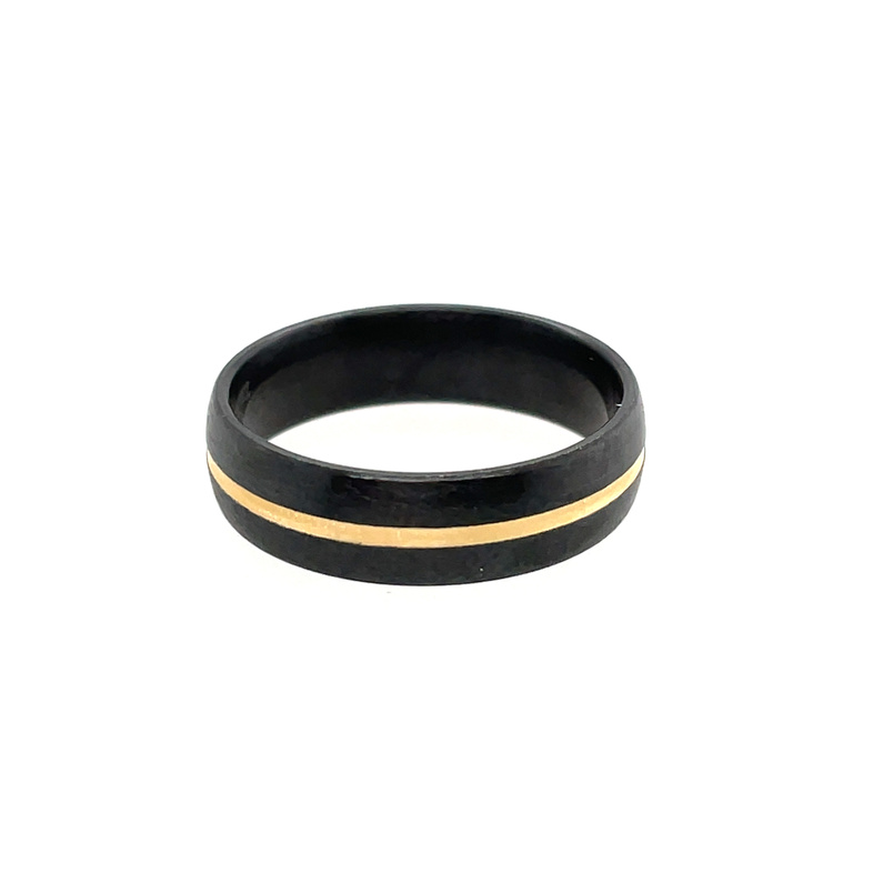 GTS 6MM ZIRCONIUM DOME SATIN 1MM RECESSED YELLOW GOLD INLAY BAND; SIZE 10
