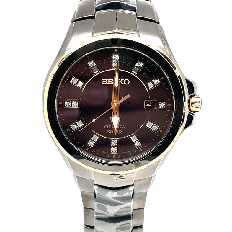 SEIKO GTS 42.5MM ROUND BLACK DIAL; BLACK LINK BRACELET; BLACK/GOLD