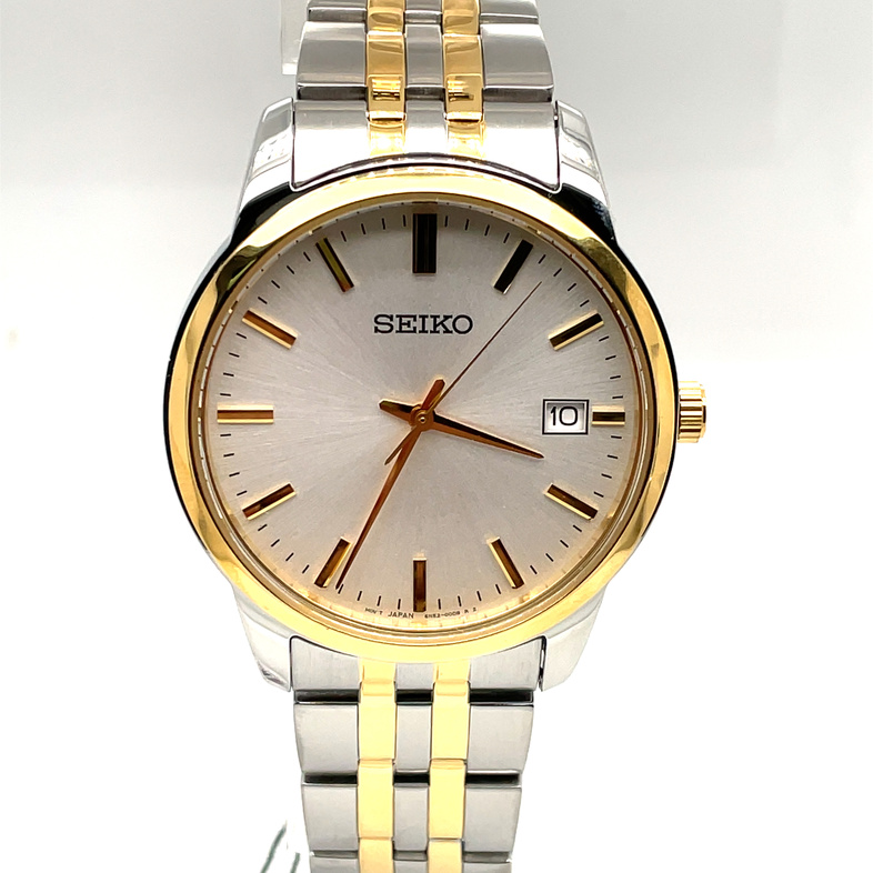 SEIKO GTS 40MM ROUND WHITE SUNRAY DATE DIAL; LINK BRACELET; STAINLESS/GOLD TONE