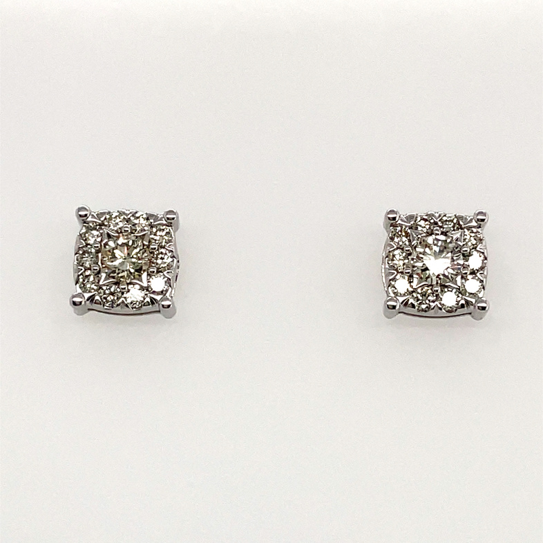 1.00CTW DIAMOND CUSHION FLOWER CLUSTER STUD EARRINGS CONTAINING: 22 ROUND DIAMONDS; 10KW
