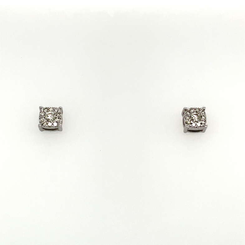 .10CTW DIAMOND CUSHION FLOWER CLUSTER STUD EARRINGS CONTAINING: 22 ROUND DIAMONDS; 10KW