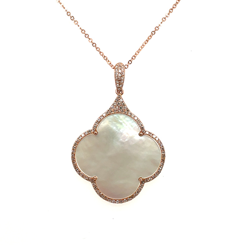 6.69TGW WHITE MOTHER OF PEARL QUATREFOIL; 6.22CTW/DIAMOND HALO PENDANT/CHAIN CONTAINING: 102 ROUND DIAMONDS;.47TDW; 14KR CHAIN INCLUDED