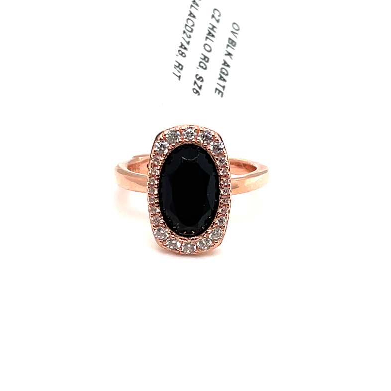 ELLE OVAL BLACK AGATE WITH CZ HALO RING; SIZE 6; ROSE TONE