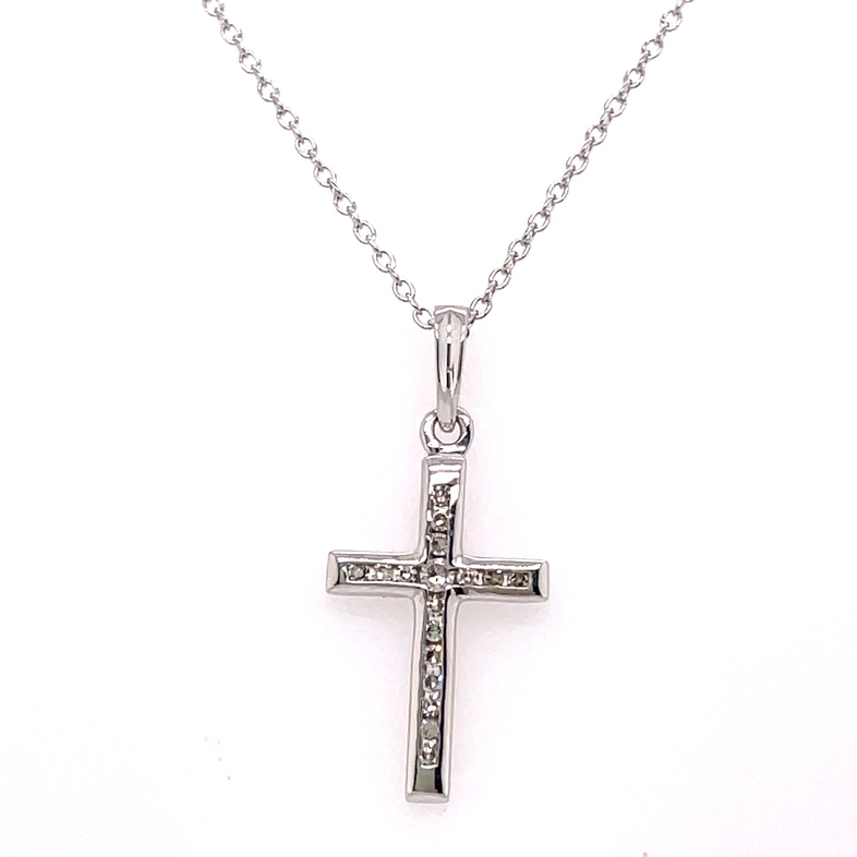 LDS 0.10CTW CHANNEL SET DIAMOND CROSS PENDANT/CHAIN CONTAINING: 17 ROUND DIAMONDS; STERLING SILVER CHAIN INCLUDED