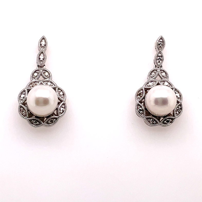 LDS PEARL & DIAMOND DROP EARRINGS CONTAINING: 2 6MM PEARLS + 12 ROUND DIAMONDS; 0.05CTW; STERLING SILVER