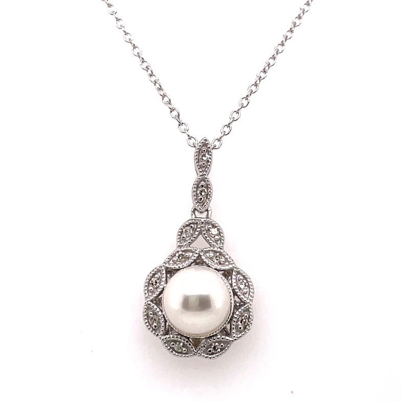 LDS PEARL & DIAMOND HALO PENDANT/CHAIN CONTAINING: 6.5MM PEARL CENTER + 12 ROUND DIAMONDS; 0.05CTW; STERLING SILVER CHAIN INCLUDED