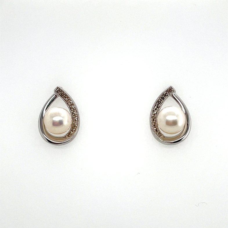 2 6MM PEARLS AND DIAMOND OPEN-PEAR HALO EARRINGS CONTAINING: 20 ROUND DIAMONDS; .10TDW; SILVER