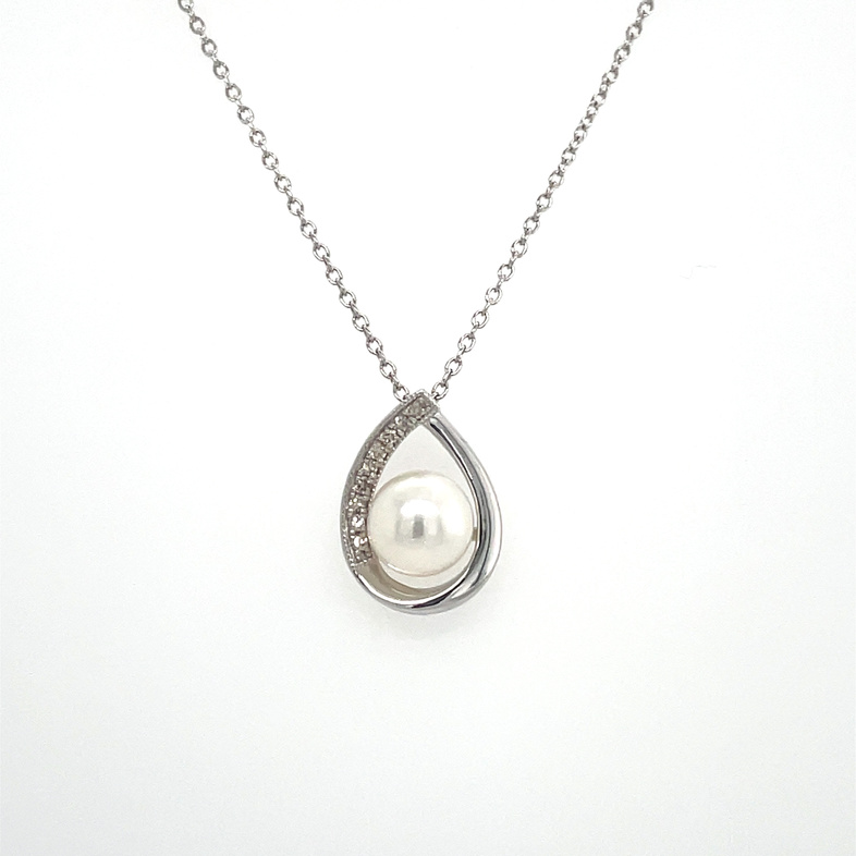 6.5MM PEARL CENTER OPEN-PEAR DROP PENDANT/CHAIN CONTAINING: 9 ROUND DIAMONDS; .05TDW; SILVER CHAIN INCLUDED