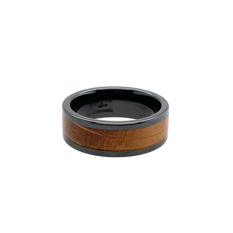 GTS 8MM BLACK CERAMIC PIPE-CUT BAND WITH WHISKEY WOOD INLAY; SIZE 10