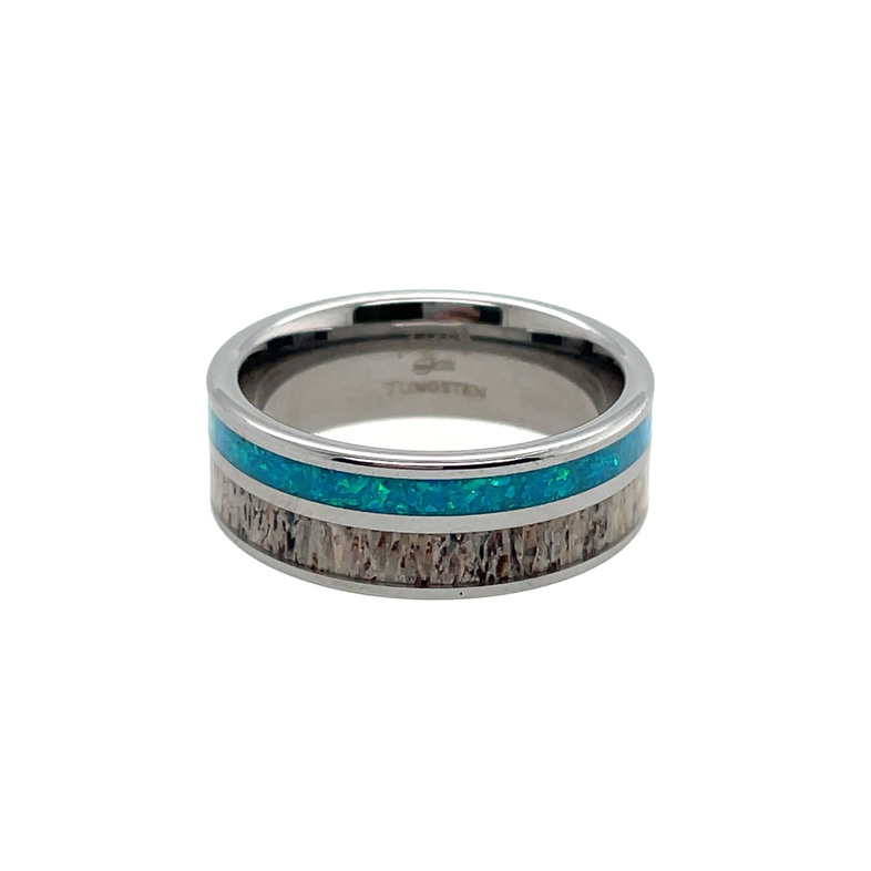 GTS 8MM TUNGSTEN PIPE-CUT; HIGH-POLISH BAND WITH 3MM ANTLER+2MM OPAL INLAYS; SIZE 10