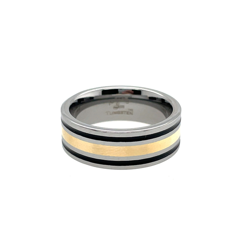 GTS 8MM TUNGSTEN PIPE-CUT; HIGH-POLISH BAND WITH YELLOW GOLD AND BLACK CERAKOTE INLAYS; SIZE 10