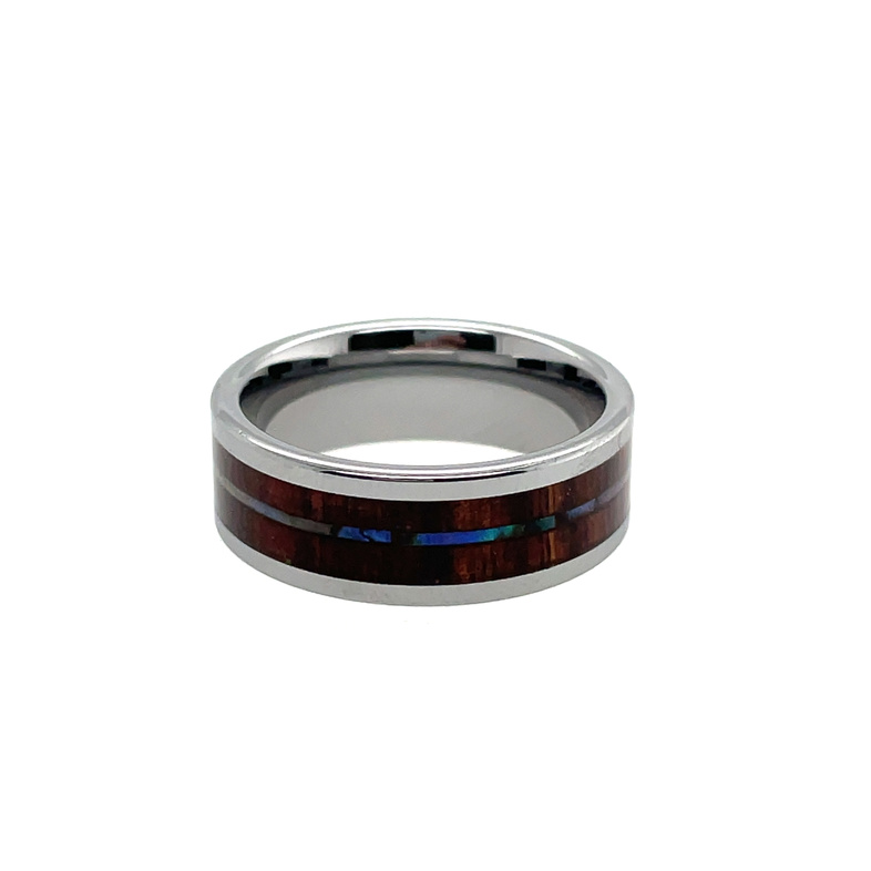 GTS 8MM TUNGSTEN PIPE-CUT BAND WITH 5MM KOAWOOD INLAY/1MM ABALONE INLAY; SIZE 10