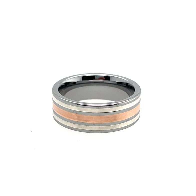 GTS 8MM TUNGSTEN PIPE-CUT; HIGH-POLISH BAND WITH STERLING/ROSE TOLD/STERLING INLAYS; SIZE 10
