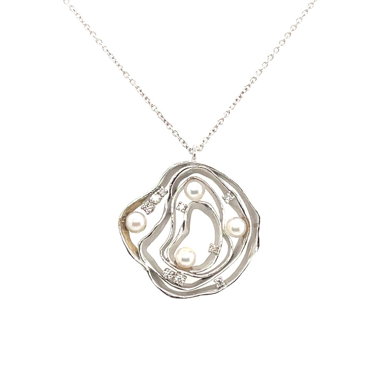 YVEL ABSTRACT CIRCULAR PENDANT NECKLACE CONTAINING: 4 EACH 5MM WHITE FRESHWATER CULTURED PEARLS; + 9 ROUND DIAMONDS; .15TDW; 18KW