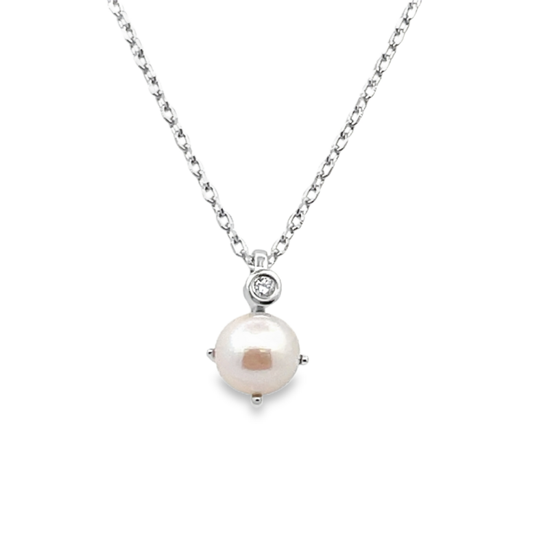 ELLE 6-6.5MM PEARL SOLITAIRE/.02CT CREATED ROUND DIAMOND PENDANT/CHAIN; SILVER CHAIN INCLUDED