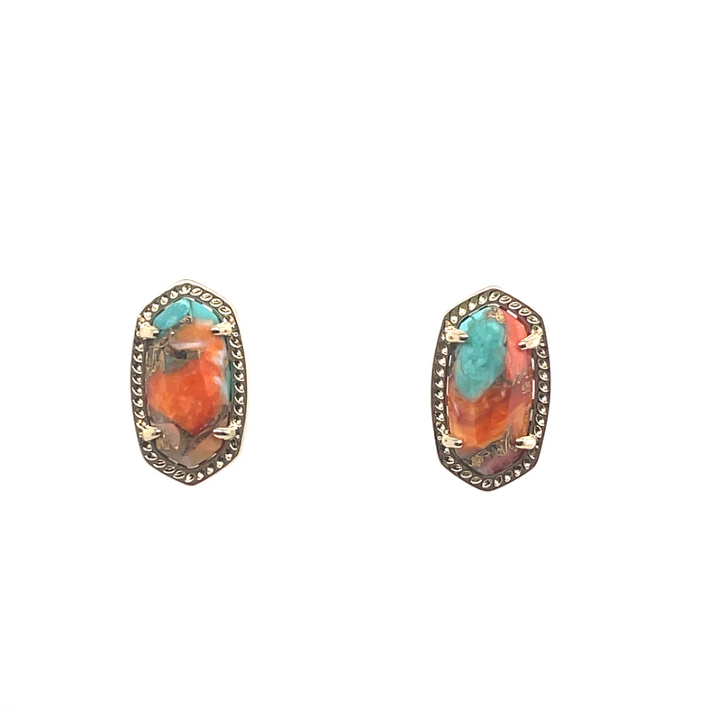 KENDRA SCOTT ELLIE BRONZE VEINED TURQUOISE/RED OYSTER GOLD TONE EARRINGS