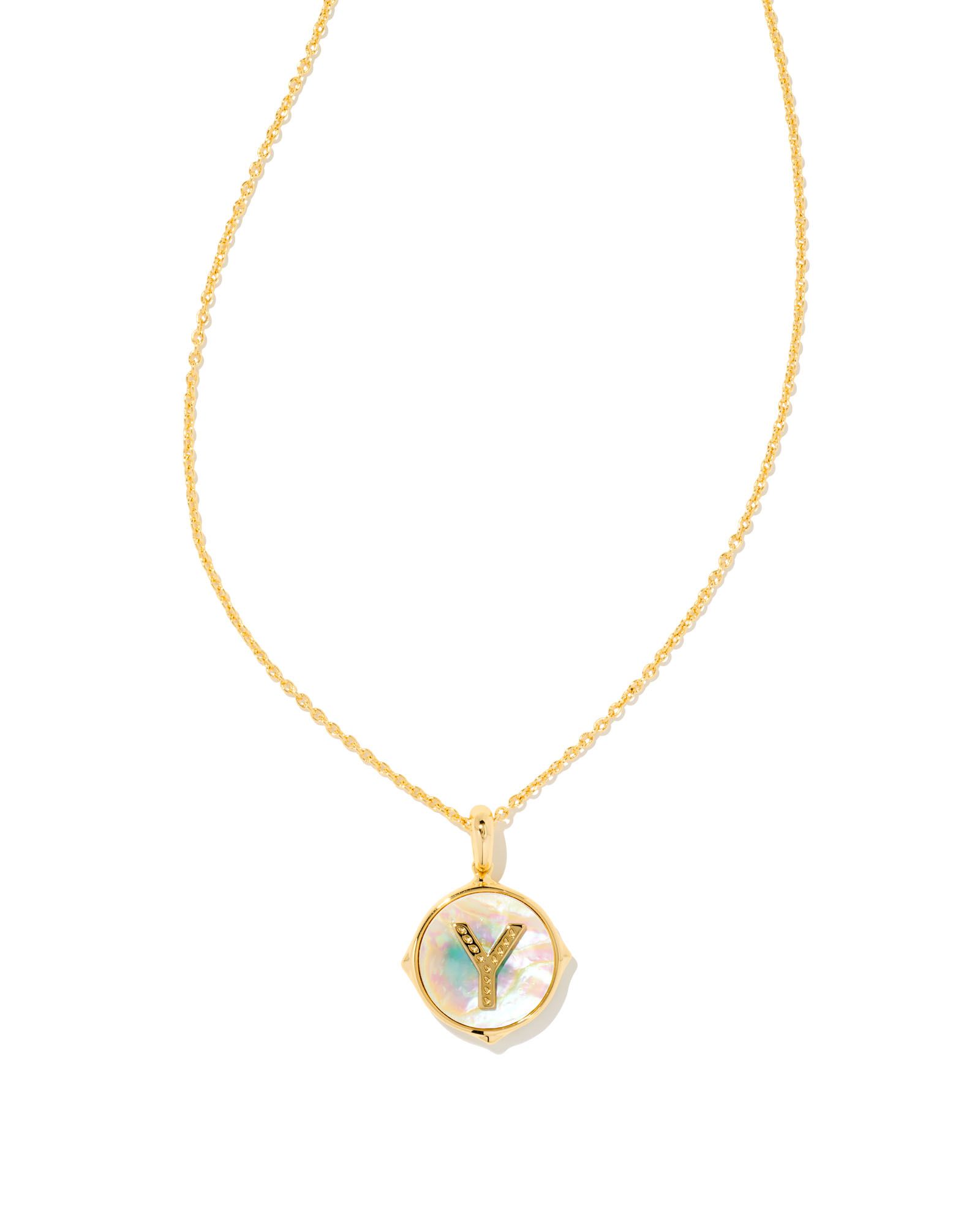 KENDRA SCOTT LETTER Y DISC IRIDESCENT ABALONE GOLD TONE PENDANT NECKLACE