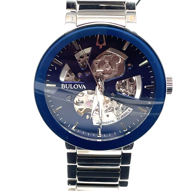 Bulova Gts Round Blue Skeleton Dial, Blue Bezel, Link Bracelet, Stainless