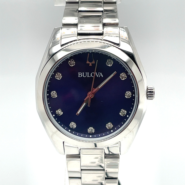 BULOVA 32MM SURVEYOR ROUND BLUE 11 ROUND DIAMOND DIAL; LINK BRACELET; STAINLESS