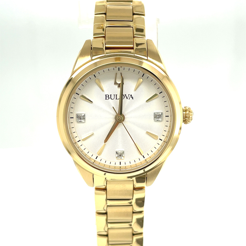 BULOVA SUTTON LDS ROUND SILVER 3 ROUND DIAMOND DIAL WATCH; LINK BRACELET; GOLD TONE