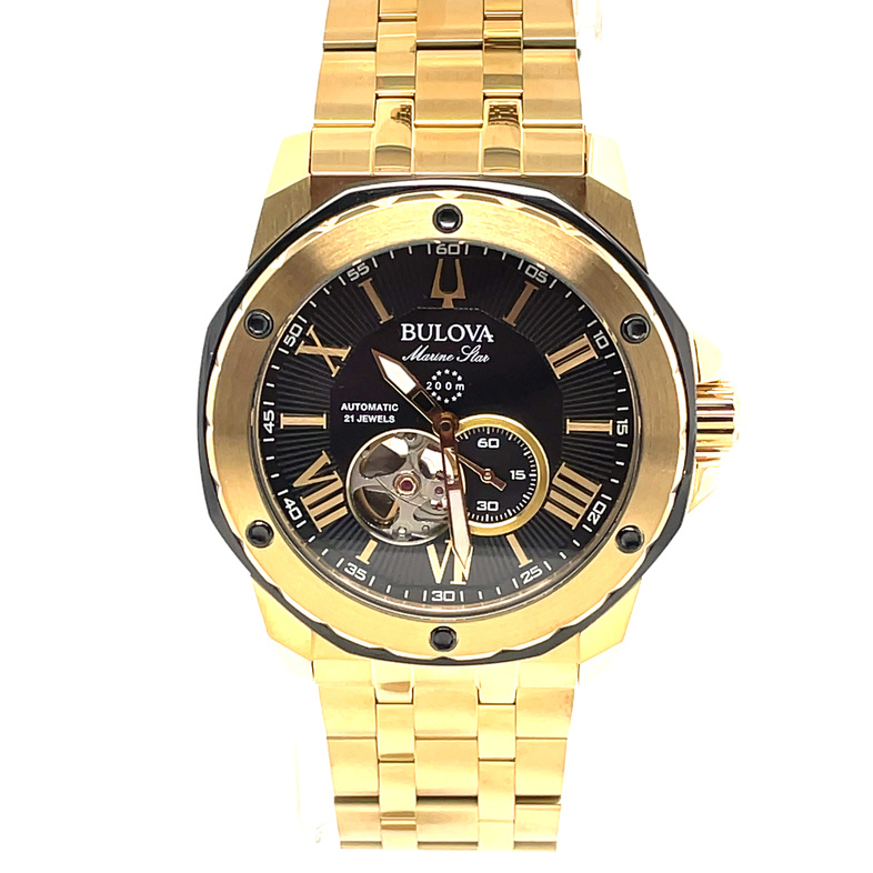 BULOVA MARINE STAR ROUND BLACK CHRONOGRAPH DIAL; GOLD TONE LINK BRACELET