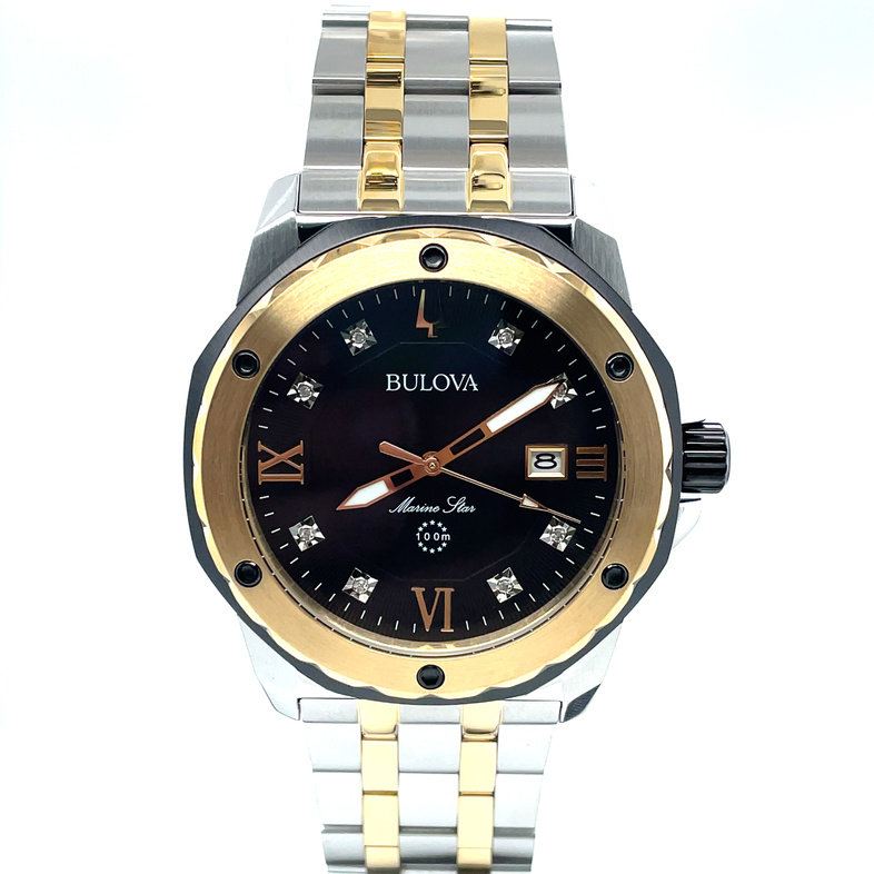 BULOVA GTS MARINE STAR; ROUND BLACK 8 ROUND DIAMOND DIAL WATCH; BLACK/GOLD TONE BEZEL; LINK BRACELET; STAINLESS/GOLD TONE