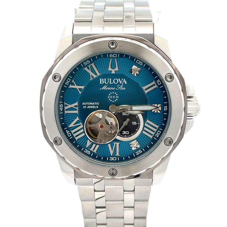 BULOVA MARC ANTHONY 44MM MARINE STAR BLUE DIAL WITH 3 ROUND DIAMONDS AT 1/3/5; LINK BRACELET; STAINLESS