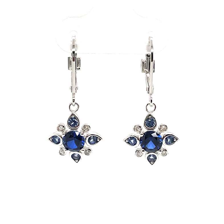 ELLE 10 ROUND CREATED BLUE SAPPHIRES/8 ROUND LAB GROWN DIAMONDS LEVER-BACK DANGLE EARRINGS; SILVER
